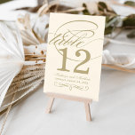 Elegant Elfenbensgul Kalligrafi Monogram Bröllop Bordsnummer<br><div class="desc">Lyxig gul kalligrafi och flödande utsmyckningar på en varm elfenbensvit bakgrund ger tidlös sofistikering till detta bröllopsbordskort. De rika gyllene nyanserna och graciösa bokstavsformer skapar en förfinad monogram-dekor för eleganta receptionsbord. Paret namn, datum och bordnummer är lätta att anpassa. Varje bordnummer måste anpassas individuellt och läggas till i varukorgen en...</div>