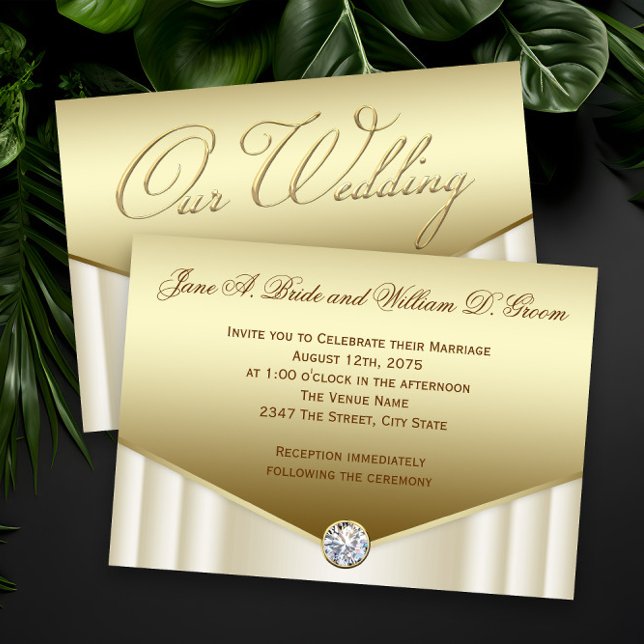 Elegant Elfenbensguld Diamant Virvel Bröllop  Inbjudningar (Elegant gold diamond wedding invitations.)