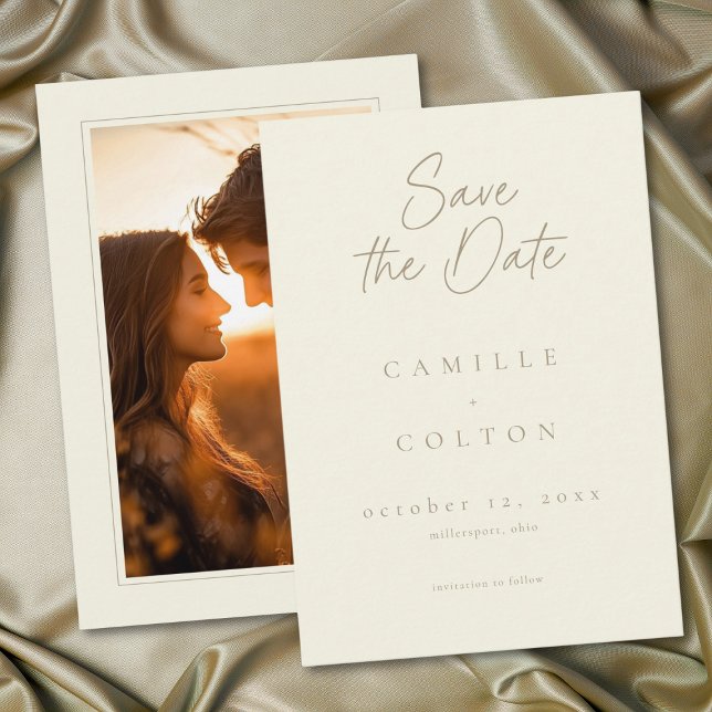 Elegant elfenbenskräm minimalistisk bröllopsfoto spara datumet (Elegant Ivory Cream Minimalist Wedding Photo Save The Date)