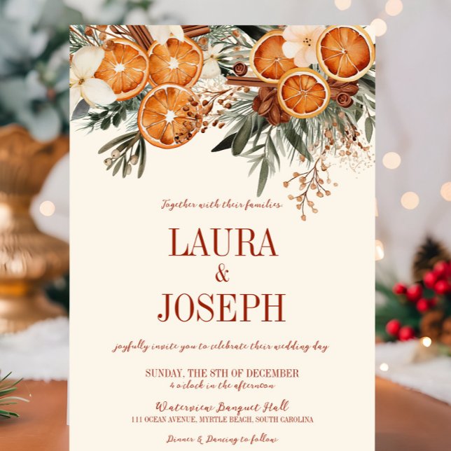 Elegant Elfenbenskusten Citrus Blommigt Bröllop Inbjudningar (Ivory Orange Citrus Floral Bridal Shower Invitation, Christmas, Fall Autumn, Elegant Modern Wedding)