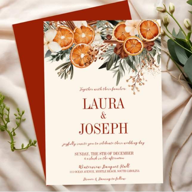 Elegant Elfenbenskusten Citrus Blommigt Bröllop Inbjudningar (Burnt Orange Citrus Floral Wedding Invitation, Fall Autumn Winter Wedding, Boho Rustic Modern)