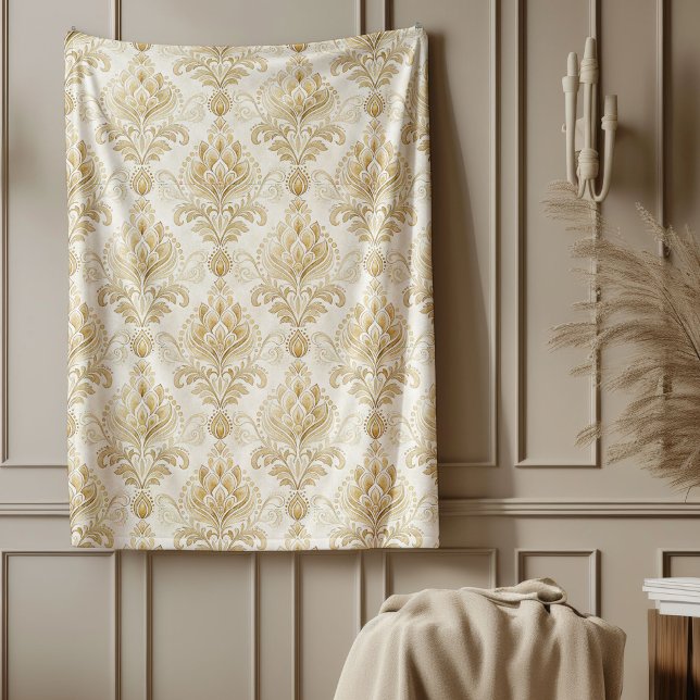 Elegant Elfenbenskusten Damask Timless Ornate Möns Fleecefilt (Elegant Ivory Damask Timeless Ornate Patterns Fleece Blanket)