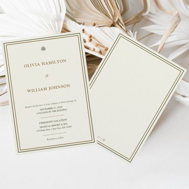 Elegant Elfenbenskusten och Guld Grönten Gräns 5 x Inbjudningar (Elegant save the date card with custom monogram back for timeless weddings.)