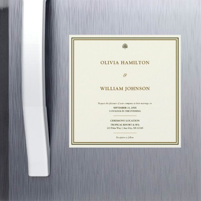 Elegant Elfenbenskusten och Guld Typografi Bröllop Magnetisk Inbjudningskort (Classic elegance meets convenience in this ivory and gold green border magnetic wedding invitation.)