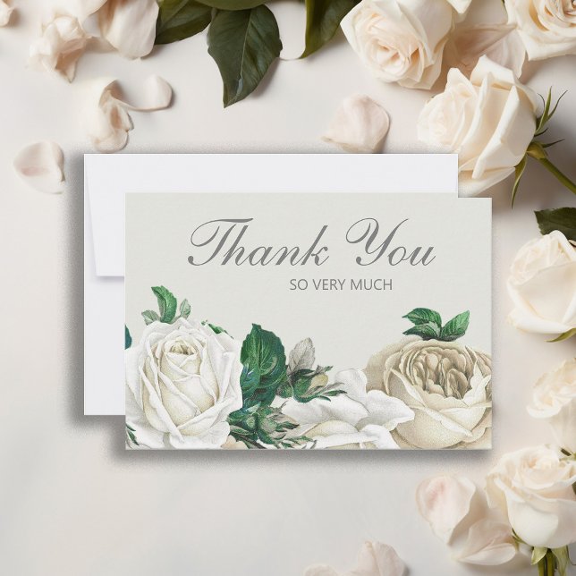 Elegant Elfenbenskusten Vit ros Bröllop Tack Kort (Elegant white floral wedding Thank You card.)