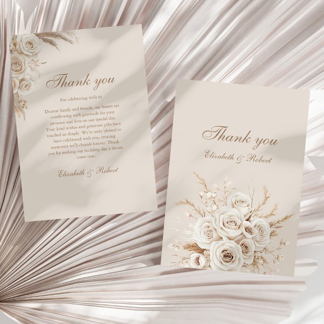 Elegant Elfenbensrosor Bröllop Tacksamhetskort Tack Kort (Elegant Ivory Roses Wedding Thank You Card on a neutral sunny dry palm leaf.)