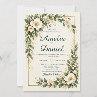 Elegant elfenbensvit blomster- och guldram bröllop inbjudningar
