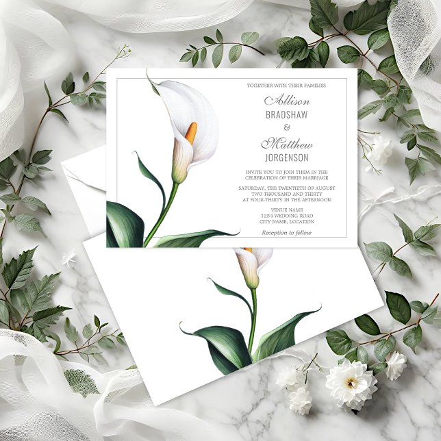 Elegant Elfenbensvit Callalilja Bröllop Inbjudningar (Elegant Ivory White Calla Lily wedding invitation front and back view.)