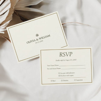 Elegant elfenbensvit & guld bröllop RSVP bifogad k OSA Kort