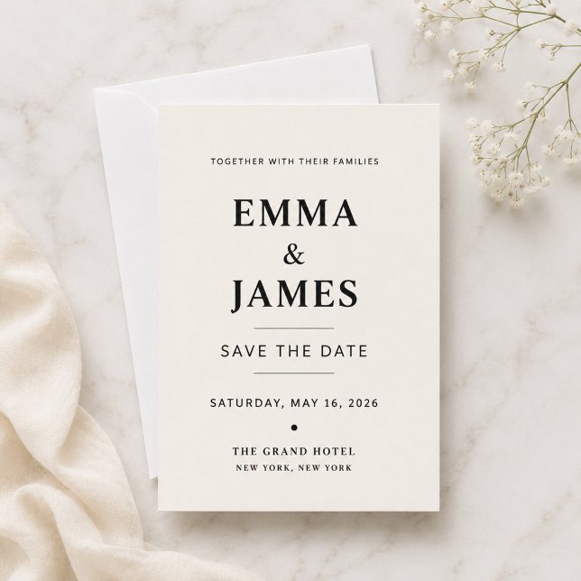Elegant Elfenbensvit Minimalistisk Spara Datum-kor Inbjudningar (Elegant ivory Save The Date card with white envelope on a luxury marble background.)