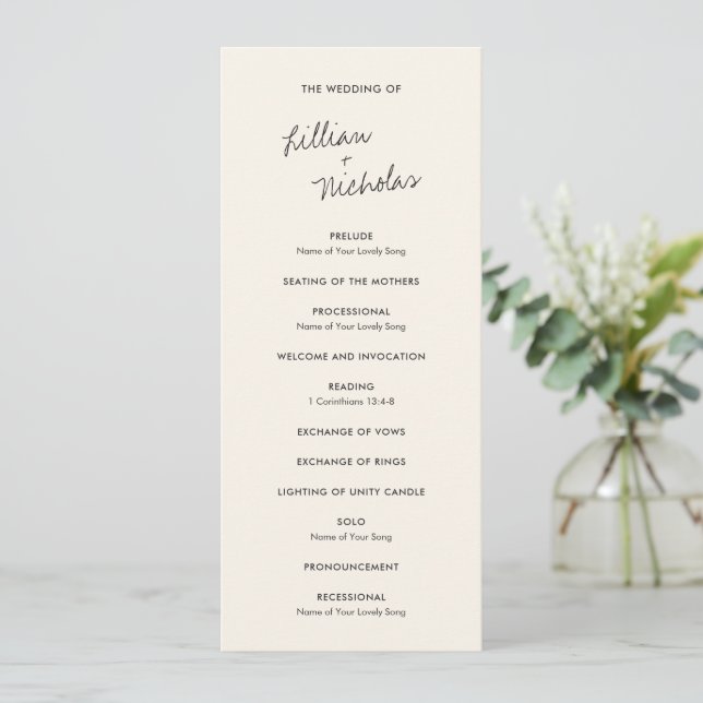 Elegant Elfenbensvit Modern Bröllop Program (Stående Fram)