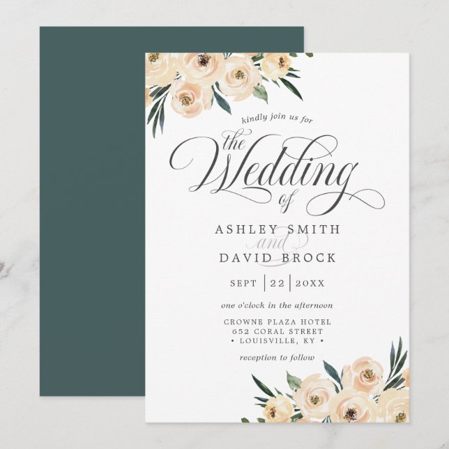 Elegant Elfenbensvit Ros Blommig Bröllop Inbjudningar (Fram/baksida)