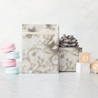 Elegant Elfenbensvit Ros med Silver Blommotiv Presentpapper