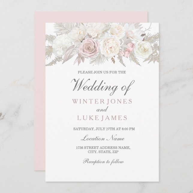 Elegant Elfenbensvit & Ros Vinterns Sagovärld Bröl Inbjudningar (Fram/baksida)