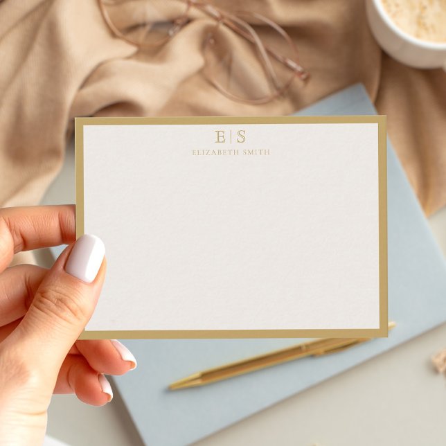 Elegant Elfenbensvitt Guld Kant Monogram Anteckningskort (Skapare uppladdad)