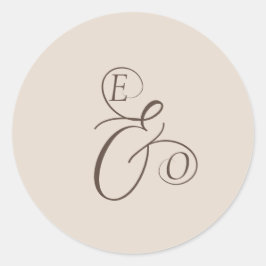 Elegant Elfenbensvitt Monogram Mjukt Brunt Bröllop Runt Klistermärke