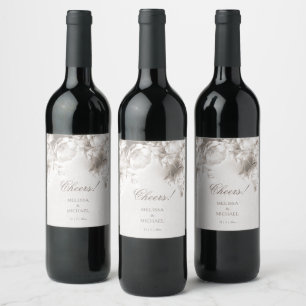 Elegant Elfenbensvitt Romantisk 3D Rosor Bröllop Vinflaska Etikett