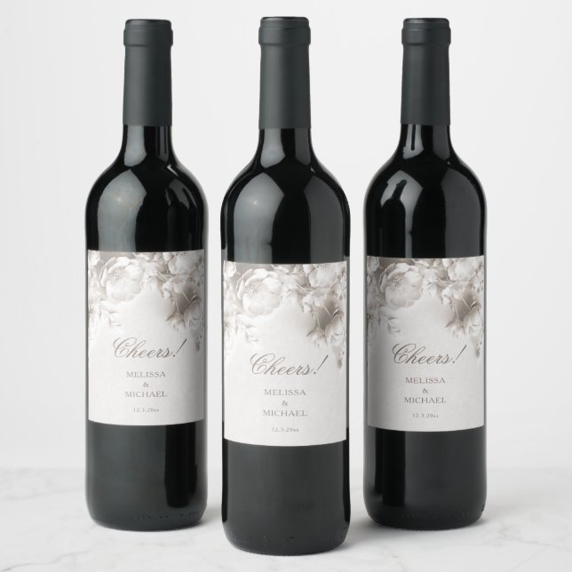 Elegant Elfenbensvitt Romantisk 3D Rosor Bröllop Vinflaska Etikett (Flaskor)
