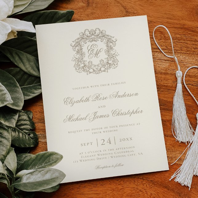 Elegant Elfenbensvitt Vintage Monogram Kröningshoc Inbjudningar (Skapare uppladdad)