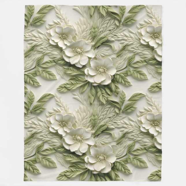 Elegant Embossed 3D Blommigt Relief Olive & Ivory Fleecefilt (Framsidan)