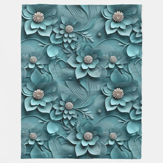Elegant Embossed 3D Blommigt Relief Teal Fleecefilt (Framsidan)