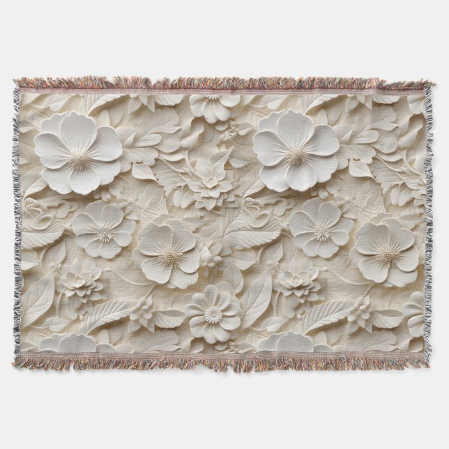 Elegant Embossed 3D Stil White Blommigt Relief Filt (Framsidan)