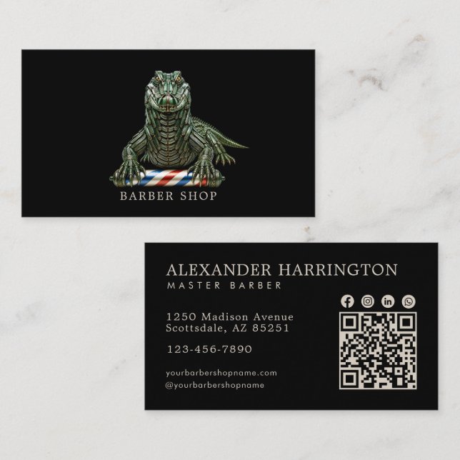Elegant Emerald Alligator Barber Shop Qr Kod Visitkort (Fram/baksida)