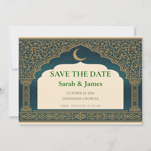 Elegant Emerald and Gold Arch Save the Date  (Framsida)