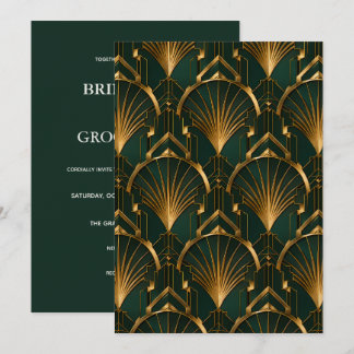 Elegant Emerald and Gold Art Deco Wedding Inbjudningar