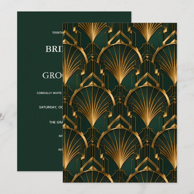 Elegant Emerald and Gold Art Deco Wedding Inbjudningar (Fram/baksida)