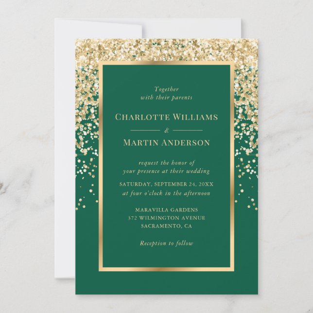 Elegant Emerald and Gold Confetti Wedding Inbjudningar (Framsida)