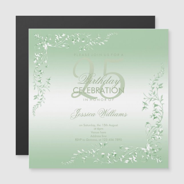 Elegant Emerald Dekoration 25:e födelsedagen  Magnetisk Inbjudningskort (Fram/baksida)