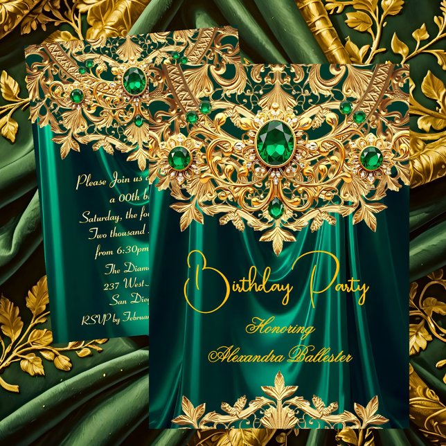 Elegant Emerald gems Gold Lace Damask Birthday Inbjudningar (Skapare uppladdad)