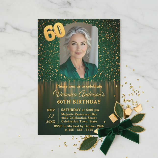 Elegant Emerald Gold Glitter 60th Birthday Party Inbjudningar (Skapare uppladdad)