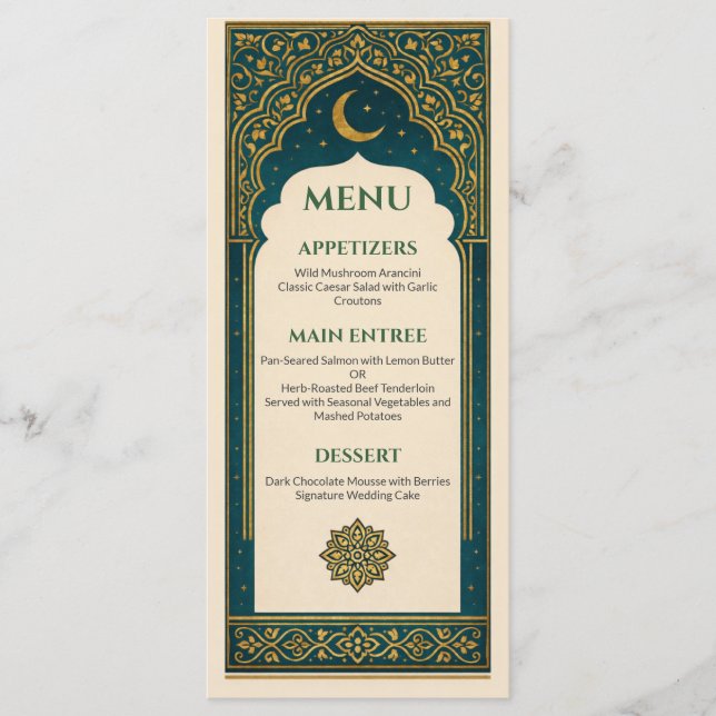 Elegant Emerald & Gold Ornate Arch Wedding Menu Meny (Framsida)