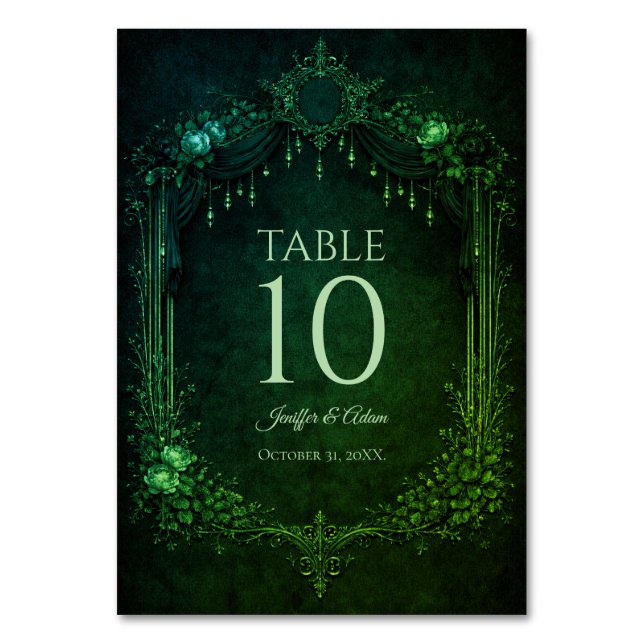 Elegant emerald Gothic Wedding Table number Bordsnummer (Framsidan)