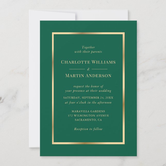 Elegant Emerald Green and Gold Wedding Inbjudningar (Framsida)