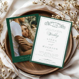 Elegant Emerald Green  Crest Monogram Wedding   In Inbjudningar