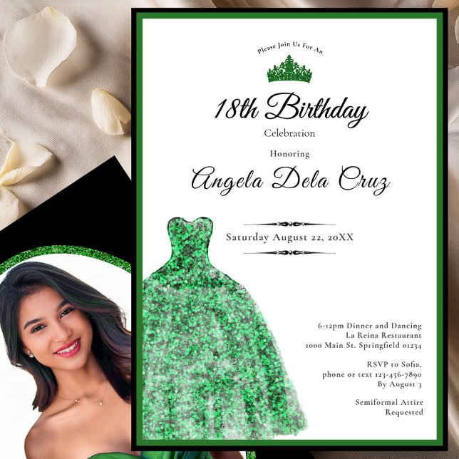 Elegant emerald green dress 18th birthday debut inbjudningar (Skapare uppladdad)