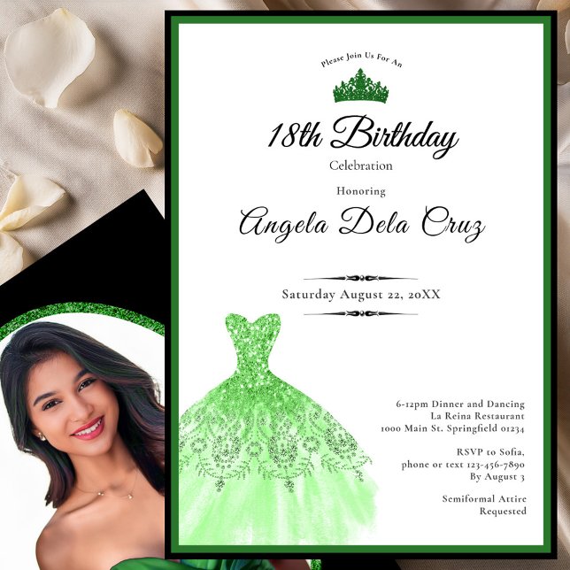 Elegant emerald green dress 18th birthday debut inbjudningar (Skapare uppladdad)