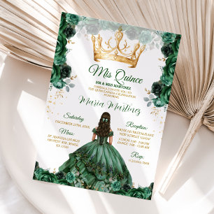 Elegant Emerald Green Floral Gold Crown Mis Quince Inbjudningar
