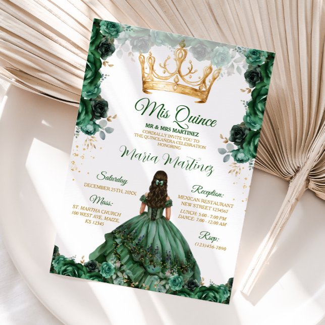 Elegant Emerald Green Floral Gold Crown Mis Quince Inbjudningar (Skapare uppladdad)