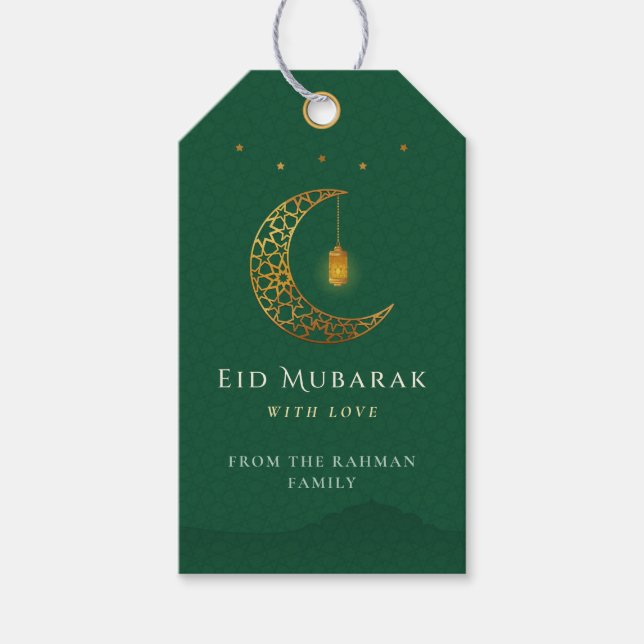 Elegant Emerald Green & Gold Crescent Eid Mubarak Presentetikett (Framsidan)