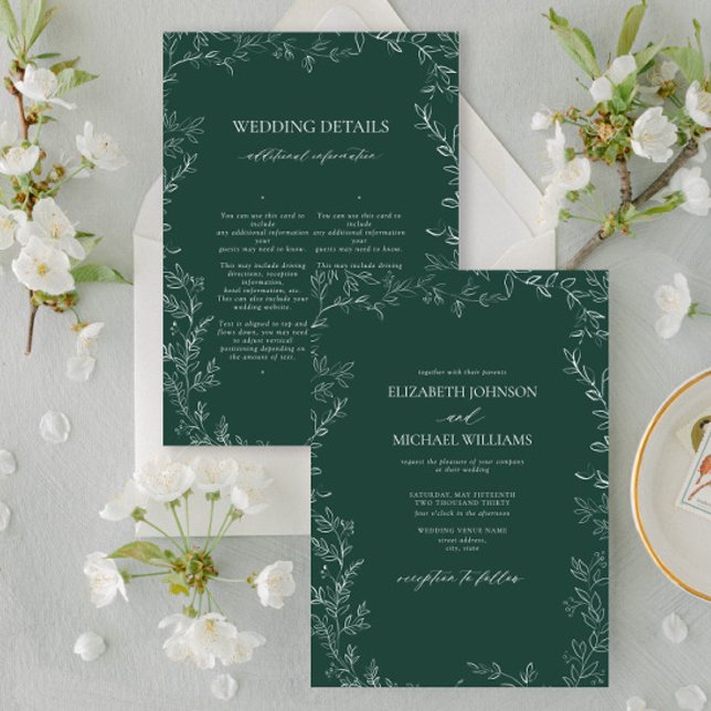 Elegant Emerald Green Minimal Leaf Details Wedding Inbjudningar (Skapare uppladdad)