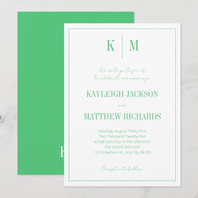 Elegant Emerald Green Monogram Wedding  Inbjudningar (Fram/baksida)