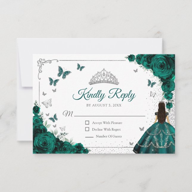Elegant Emerald Green Silver Quinceanera Reply OSA Kort (Framsida)