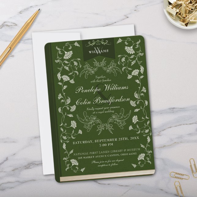 Elegant Emerald Grönt Blommigt Bok Cover Bröllop Inbjudningar (Elegant Regency Era Green Floral Wedding Invitation with Book Cover Aesthetics and Calligraphy)