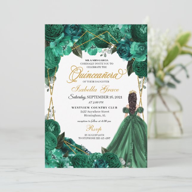 Elegant Emerald Grönt Blommigt Quinceanera-inbjuda Inbjudningar (Stående Fram)
