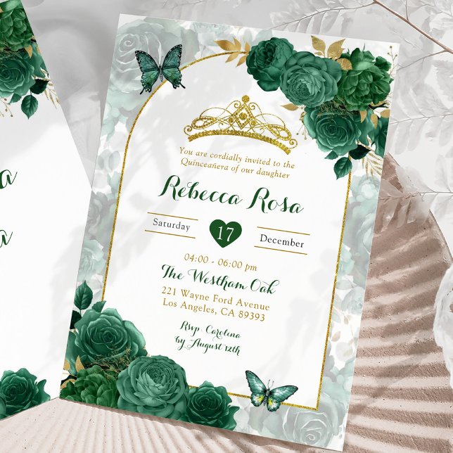 Elegant Emerald Grönt Blommigt Royal Quinceañera Inbjudningar (Skapare uppladdad)