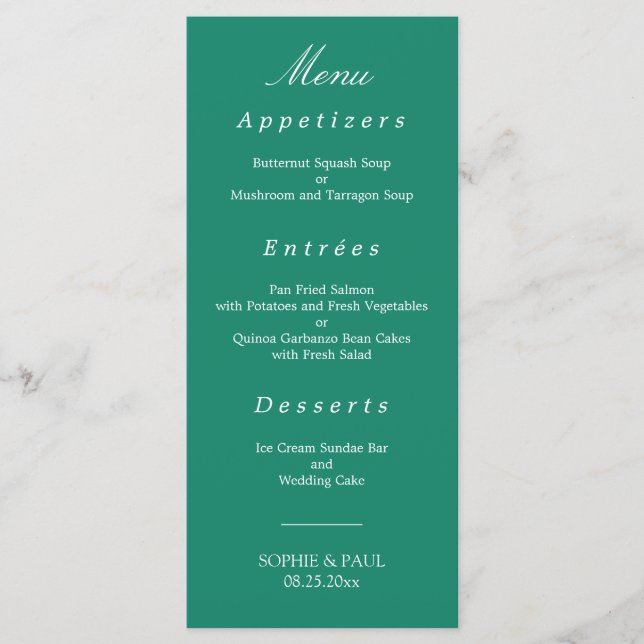 Elegant Emerald Grönt Bröllop Menu Meny (Framsida)
